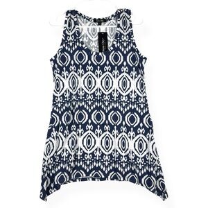 Jayne Clay Tunic Top Womens Large L Navy Blue White  Sleeveless Sharkbite Hem